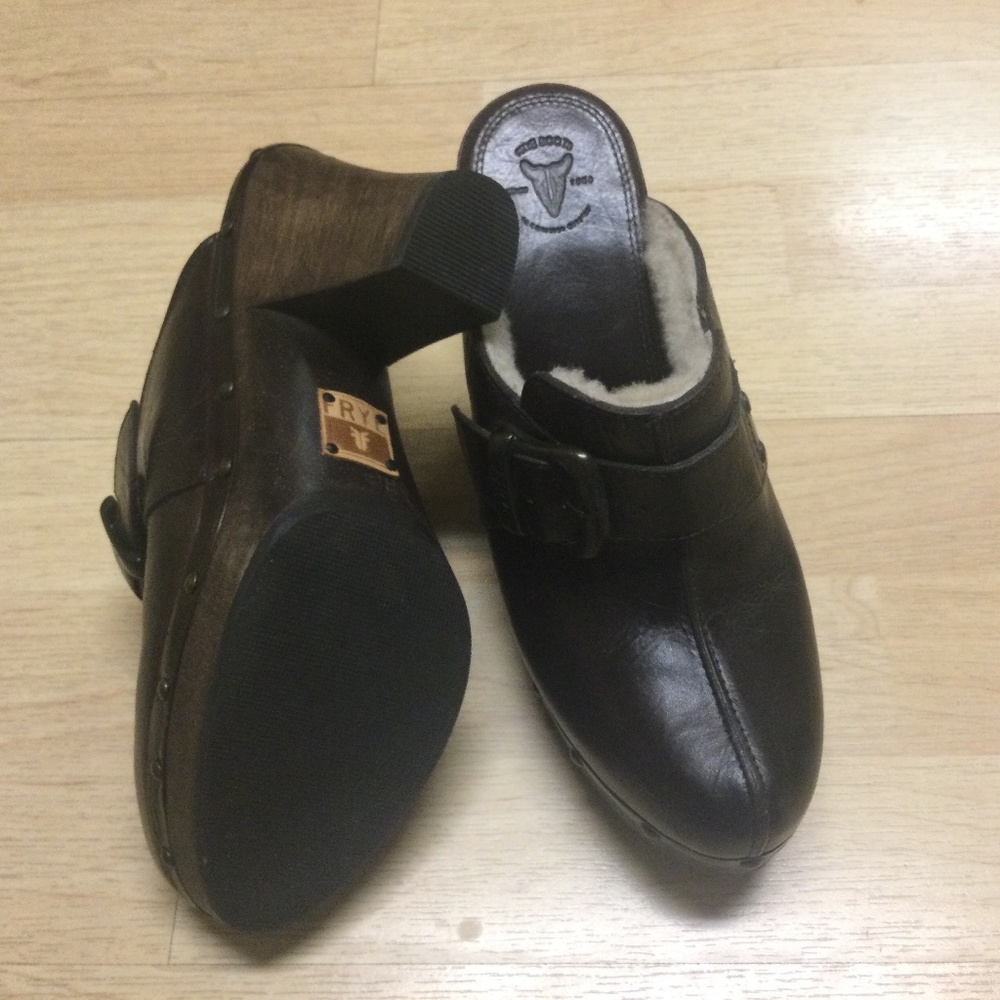 Frye Dark Brown Leather Clog Mules with Buckle